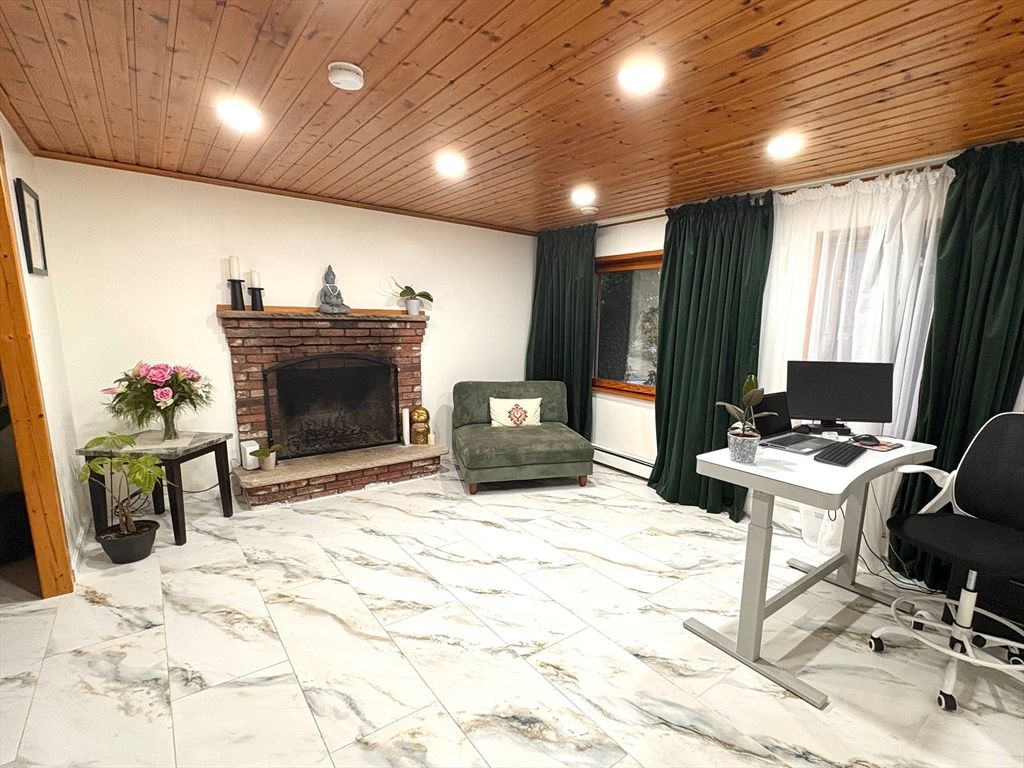 Fireplace, Home Office, Interior, Marble, Recessed Lighting, Wooden Ceilings