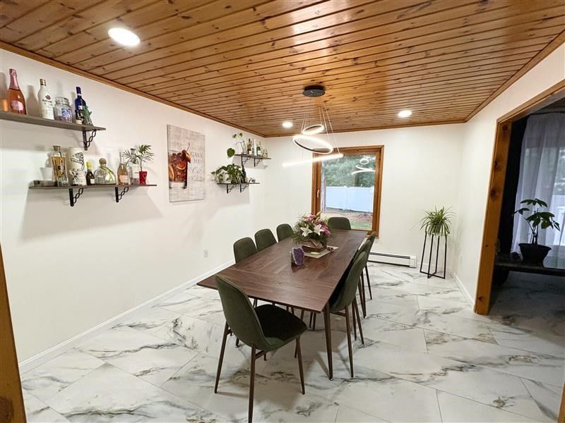 Dining room, Interior, Marble, Pendant Lights, Recessed Lighting, Wooden Ceilings