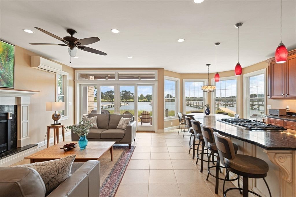 Dining room, Fireplace, Interior, Kitchen, Living room, Pendant Lights, Recessed Lighting, Water