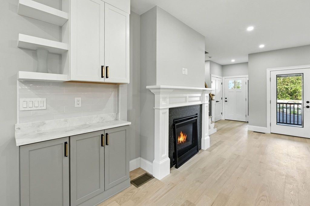 Fireplace, Interior, Recessed Lighting, Wood Texture Flooring