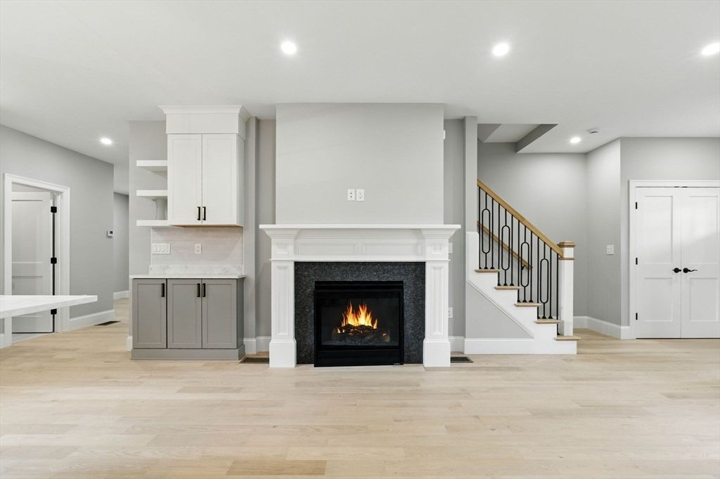 Fireplace, Interior, Recessed Lighting, Wood Texture Flooring