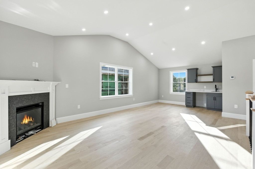 Empty room, Fireplace, Interior, Kitchen, Recessed Lighting, Wood Texture Flooring