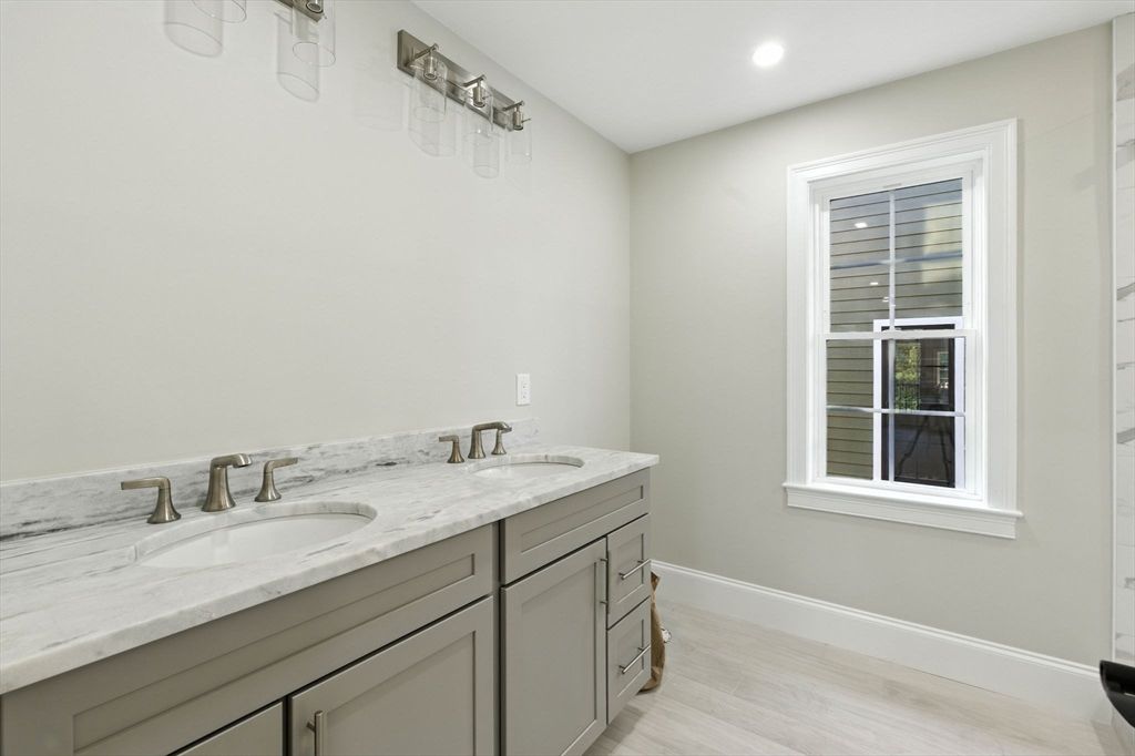 Bathroom, Dual Sink Vanities, Interior, Recessed Lighting, Wood Texture Flooring