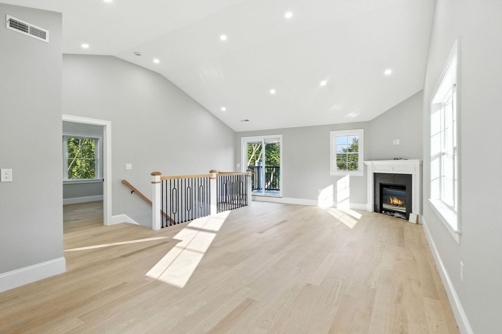 Empty room, Fireplace, Interior, Recessed Lighting, Wood Texture Flooring
