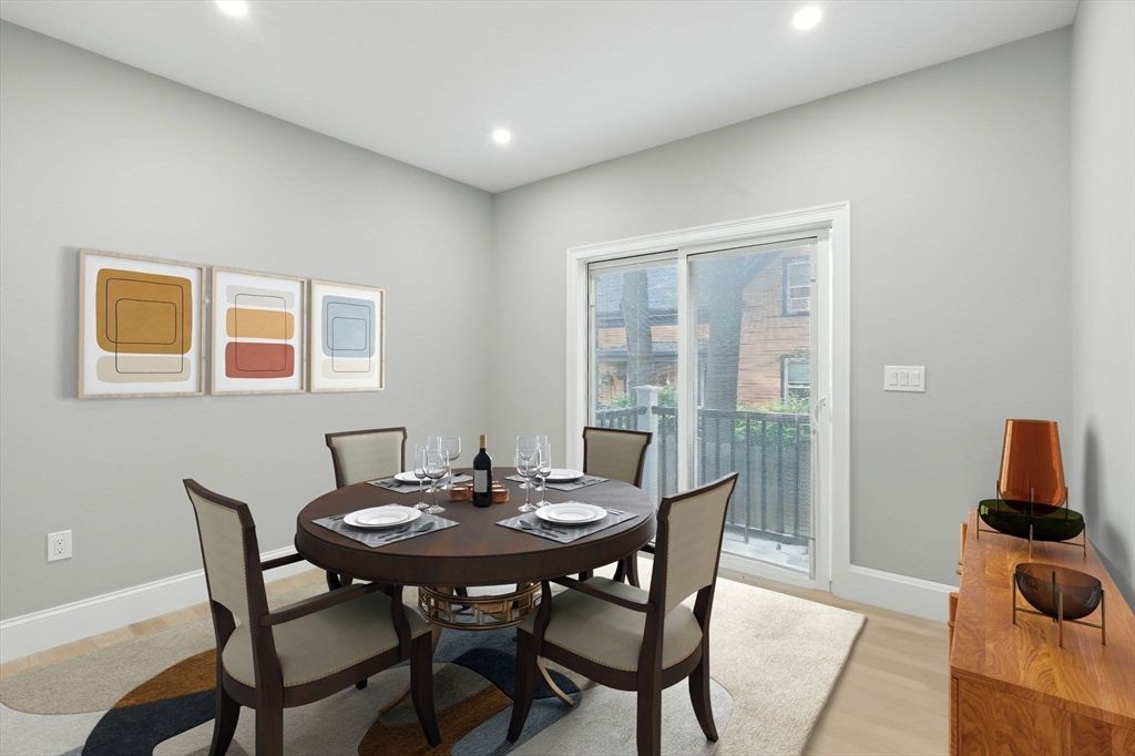 Dining room, Interior, Recessed Lighting, Wood Texture Flooring