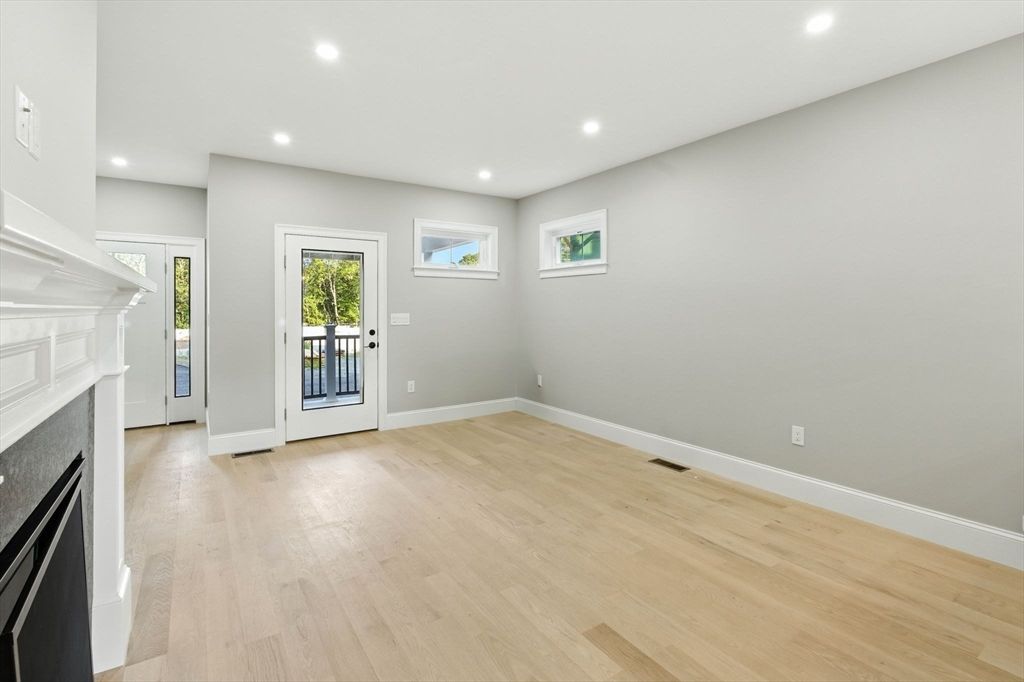 Empty room, Fireplace, Interior, Recessed Lighting, Wood Texture Flooring