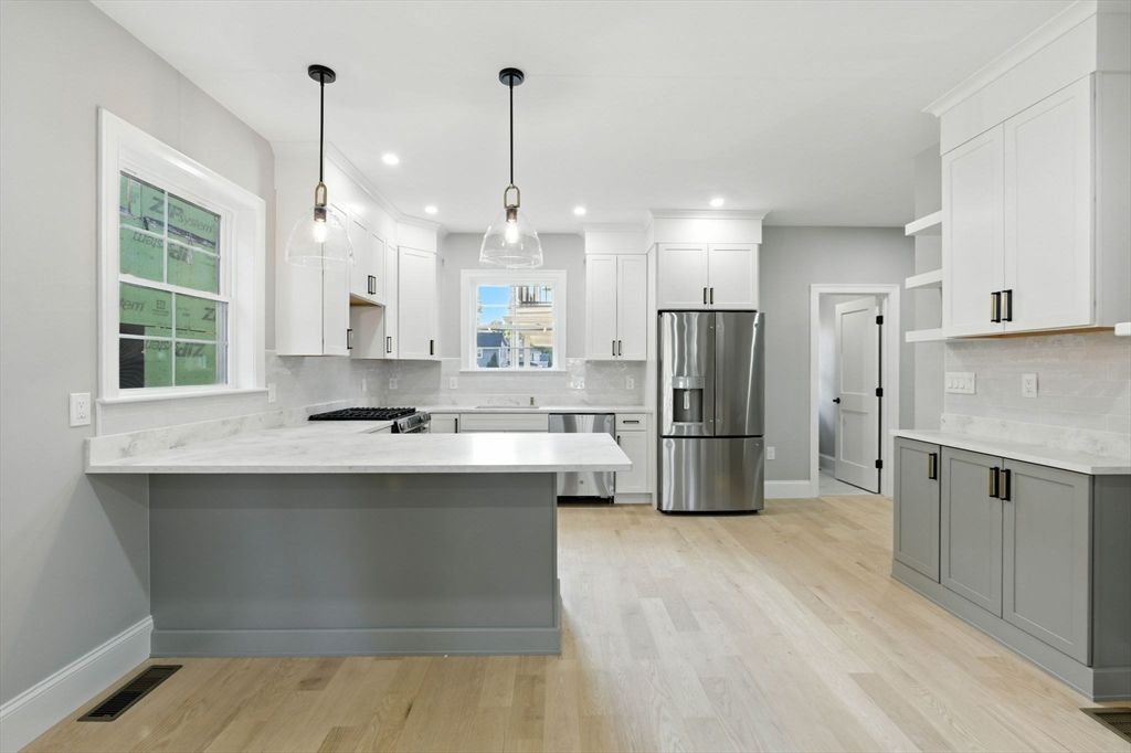 Interior, Kitchen, Pendant Lights, Recessed Lighting, Stainless Steel Appliances, Wood Texture Flooring