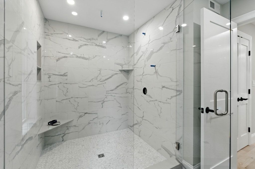 Bathroom, Glass Shower, Interior, Marble Walls, Recessed Lighting