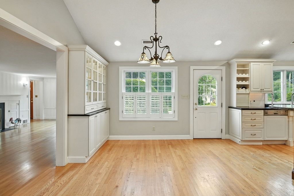 Chandelier, Empty room, Interior, Kitchen, Pendant Lights, Recessed Lighting, Wood Texture Flooring