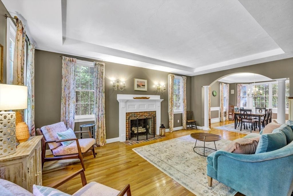 Chandelier, Dining room, Fireplace, Interior, Living room, Wood Texture Flooring