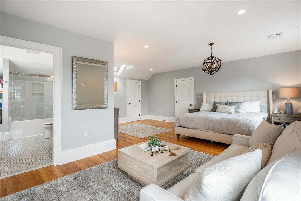 Bedroom, Chandelier, Interior, Recessed Lighting, Wood Texture Flooring