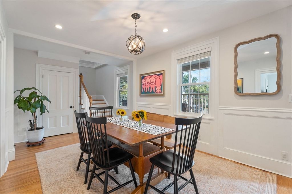 Dining room, Interior, Pendant Lights, Recessed Lighting, Wood Texture Flooring