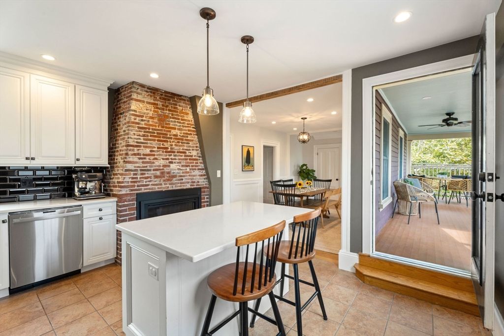 Dining room, Fireplace, Interior, Kitchen, Pendant Lights, Recessed Lighting, Stainless Steel Appliances, Stone Walls