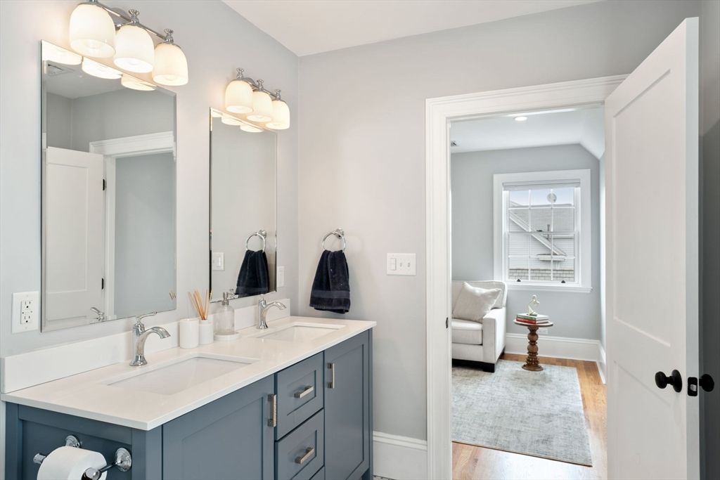 Bathroom, Dual Sink Vanities, Interior, Recessed Lighting, Wood Texture Flooring