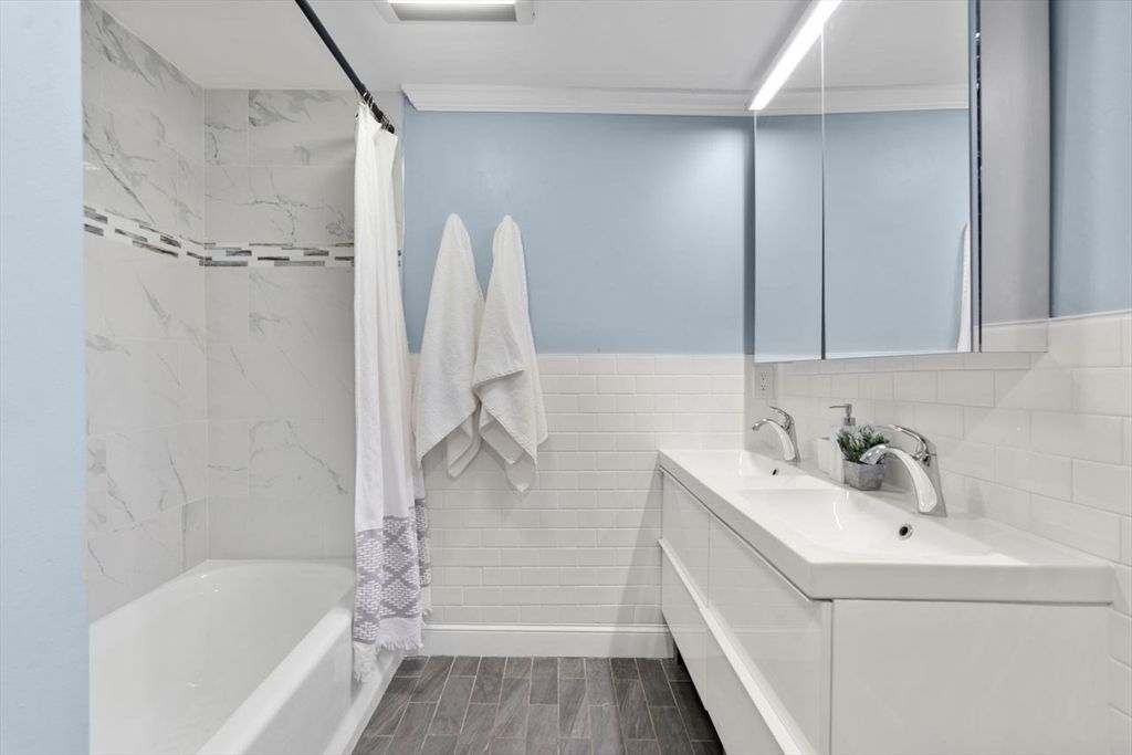 Bathroom, Interior, Marble Walls, Wood Texture Flooring