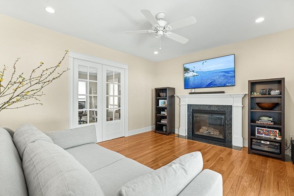 Fireplace, Interior, Living room, Recessed Lighting, Wood Texture Flooring