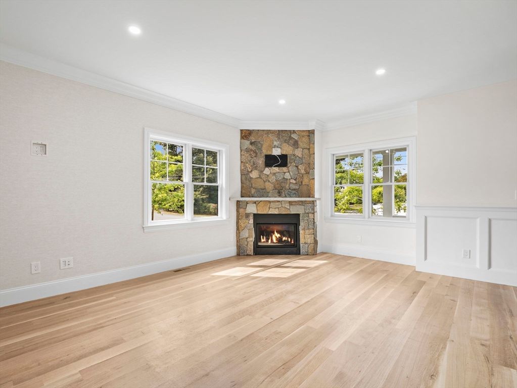 Empty room, Fireplace, Interior, Recessed Lighting, Wood Texture Flooring