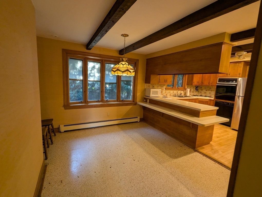 Interior, Kitchen, Pendant Lights, Wooden Beams, Wood Texture Flooring