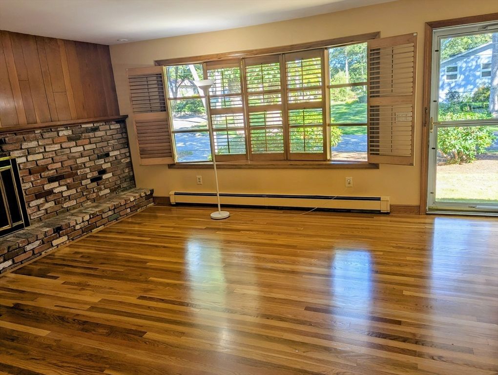 Empty room, Fireplace, Interior, Stone Walls, Wood Texture Flooring