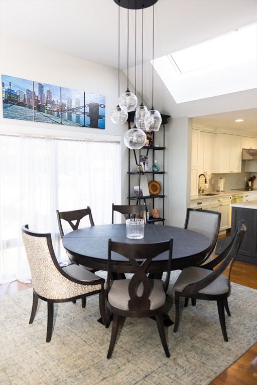 Dining room, Interior, Kitchen, Pendant Lights, Recessed Lighting, Water, Wood Texture Flooring