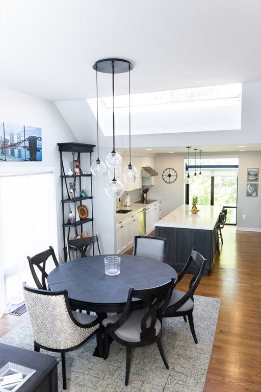 Dining room, Interior, Kitchen, Pendant Lights, Wood Texture Flooring
