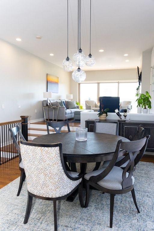 Dining room, Interior, Living room, Pendant Lights, Recessed Lighting, Wood Texture Flooring