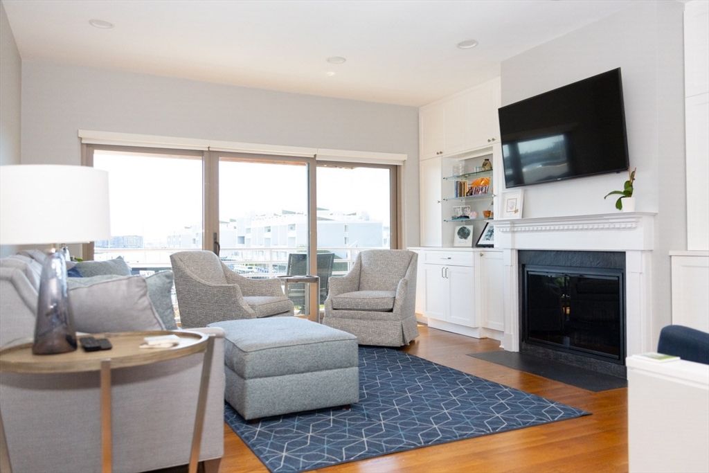 Fireplace, Interior, Living room, Recessed Lighting, Wood Texture Flooring
