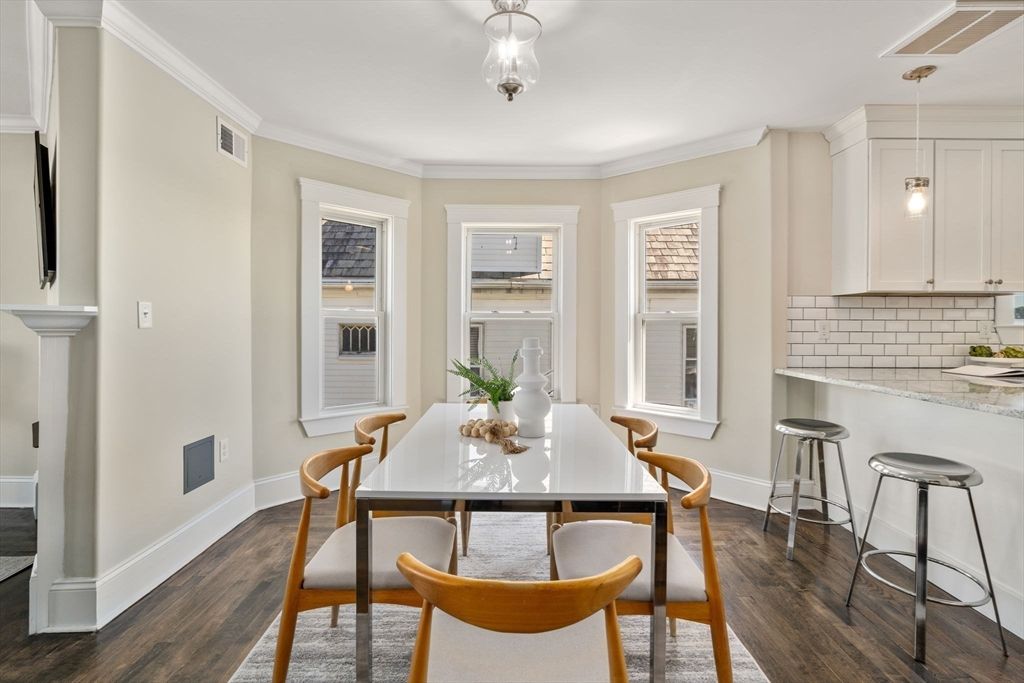 Dining room, Interior, Pendant Lights, Wood Texture Flooring