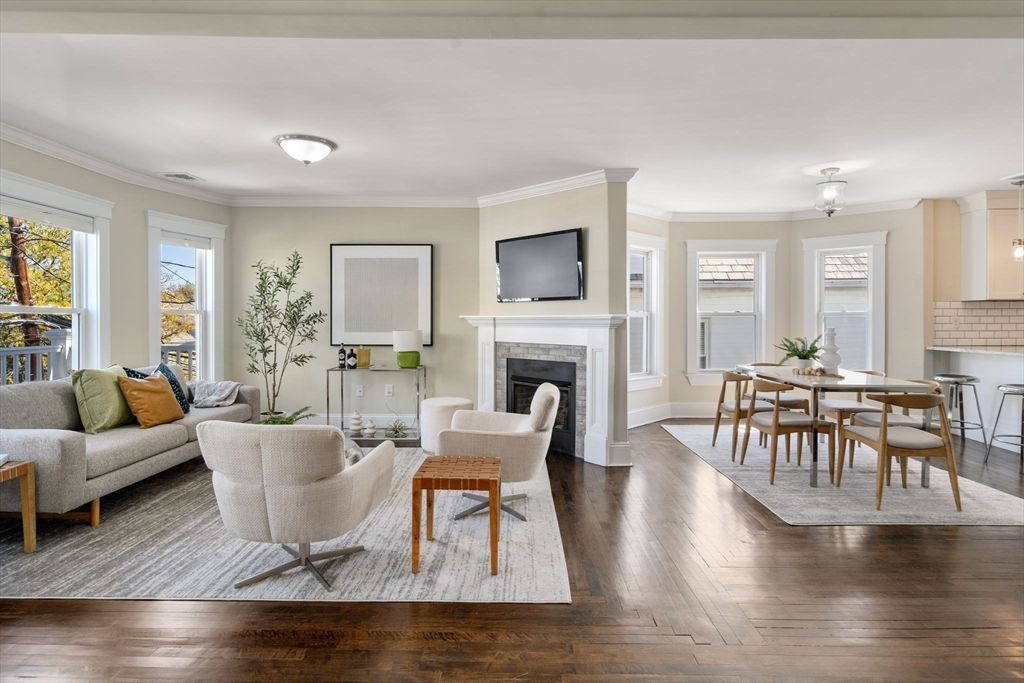 Dining room, Fireplace, Interior, Living room, Wood Texture Flooring