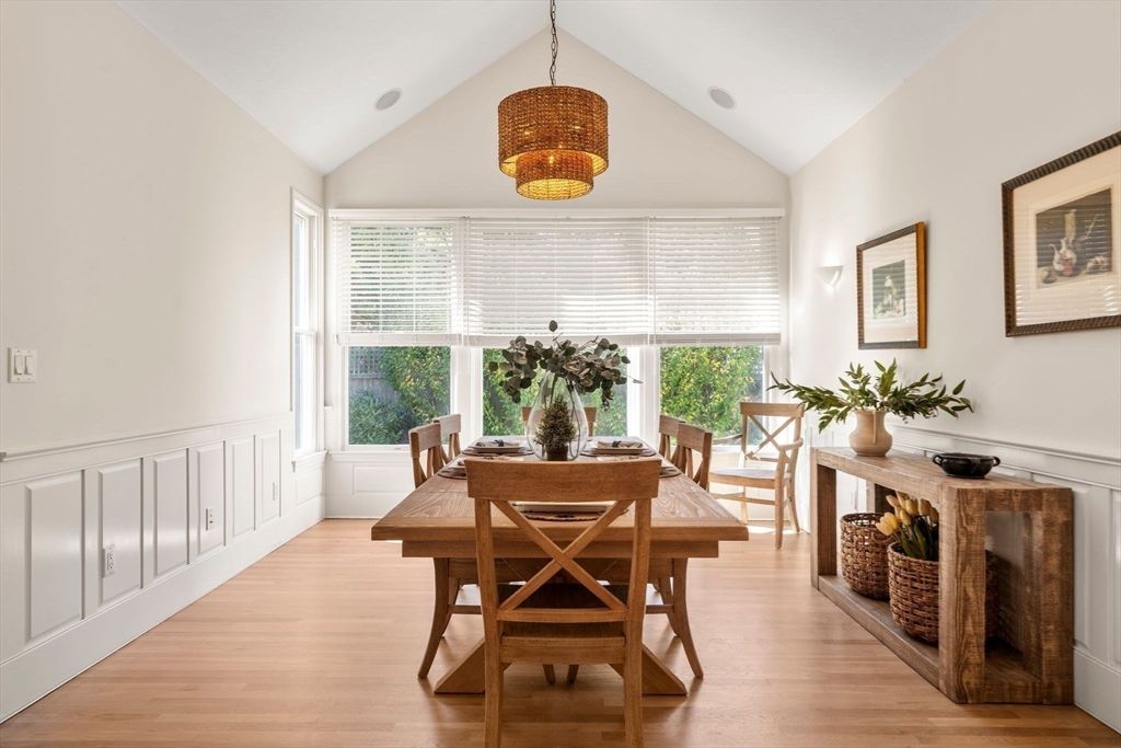 Dining room, Interior, Pendant Lights, Wood Texture Flooring