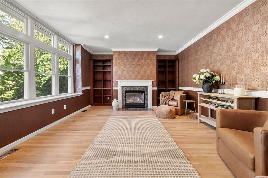 Fireplace, Interior, Recessed Lighting, Wood Texture Flooring