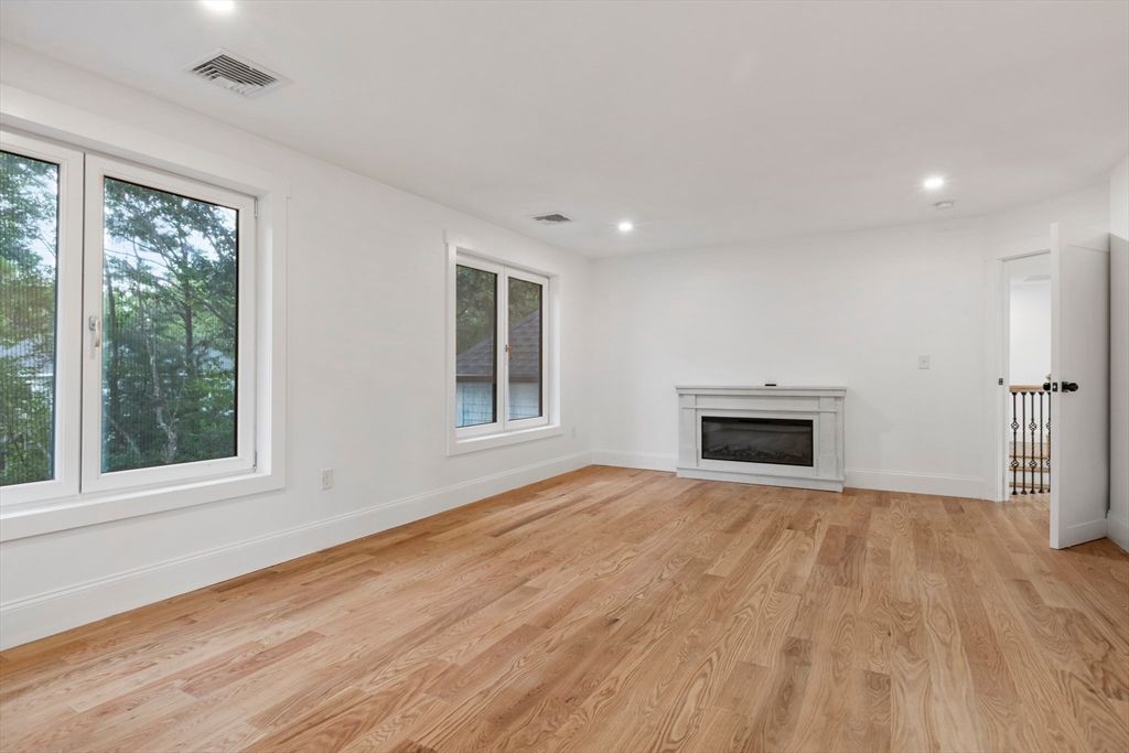 Empty room, Fireplace, Interior, Recessed Lighting, Wood Texture Flooring