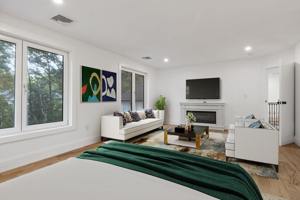 Fireplace, Interior, Living room, Recessed Lighting, Wood Texture Flooring