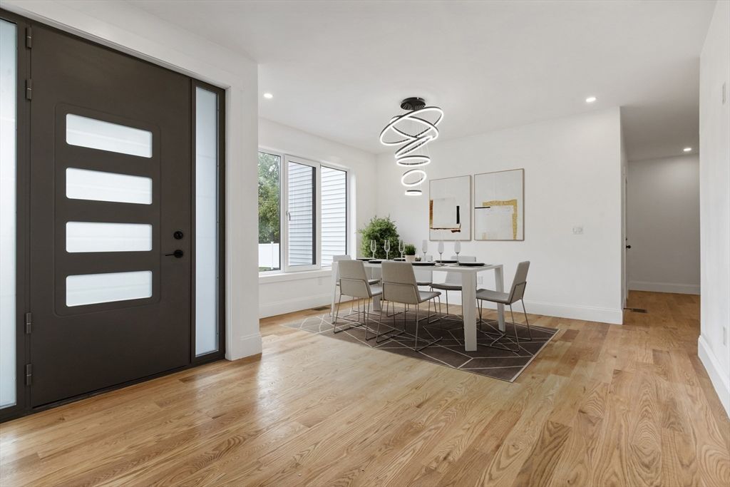 Dining room, Interior, Pendant Lights, Recessed Lighting, Wood Texture Flooring