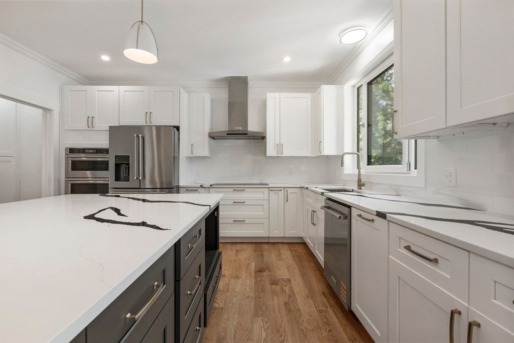Interior, Kitchen, Pendant Lights, Recessed Lighting, Stainless Steel Appliances, Wood Texture Flooring