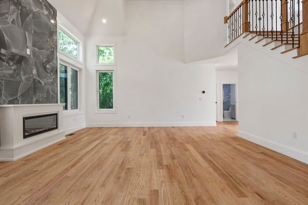 Empty room, Fireplace, Interior, Recessed Lighting, Wood Texture Flooring