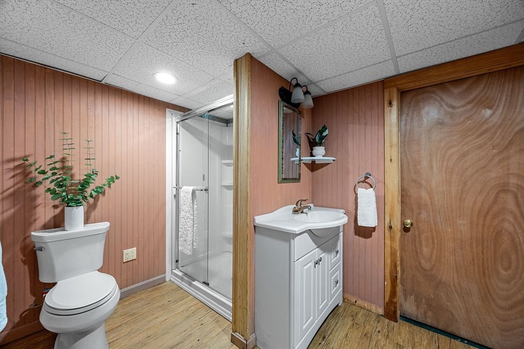 Bathroom, Glass Shower, Interior, Recessed Lighting, Wood Texture Flooring