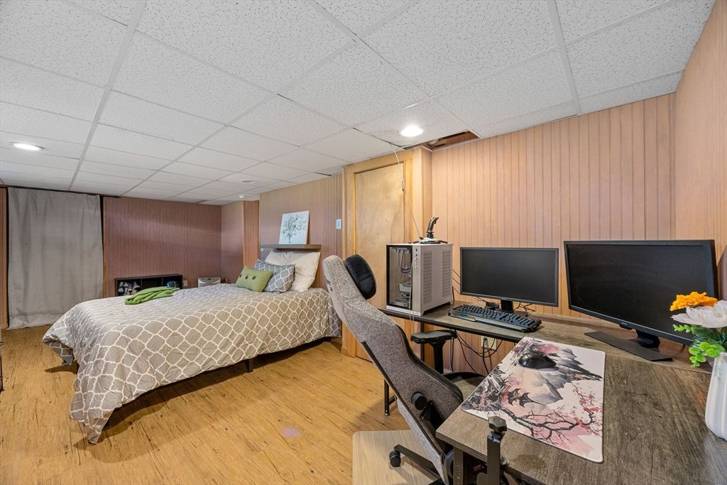 Bedroom, Home Office, Interior, Recessed Lighting, Wood Texture Flooring, Wooden Walls