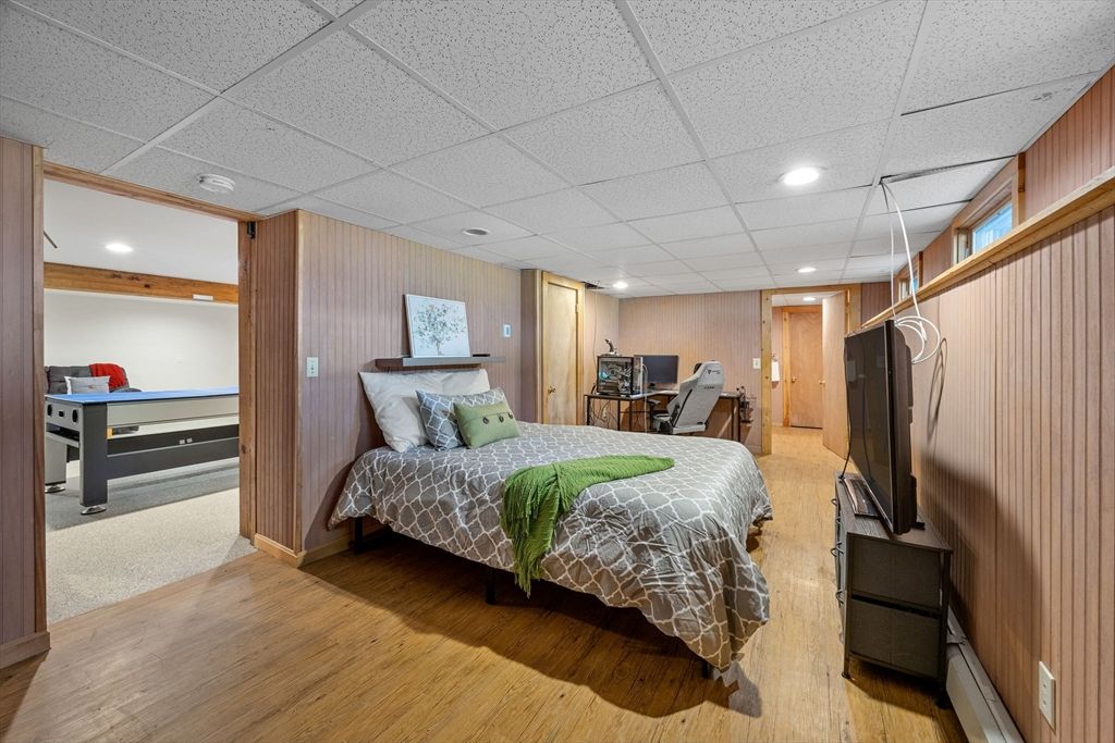 Bedroom, Interior, Recessed Lighting, Wood Texture Flooring, Wooden Walls