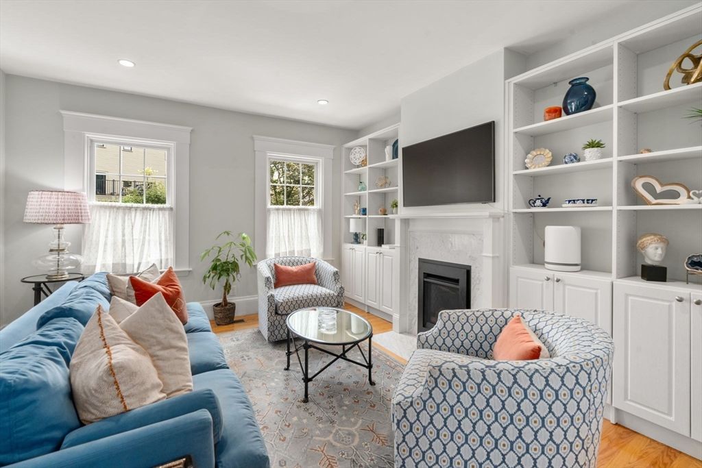 Fireplace, Interior, Living room, Recessed Lighting, Wood Texture Flooring