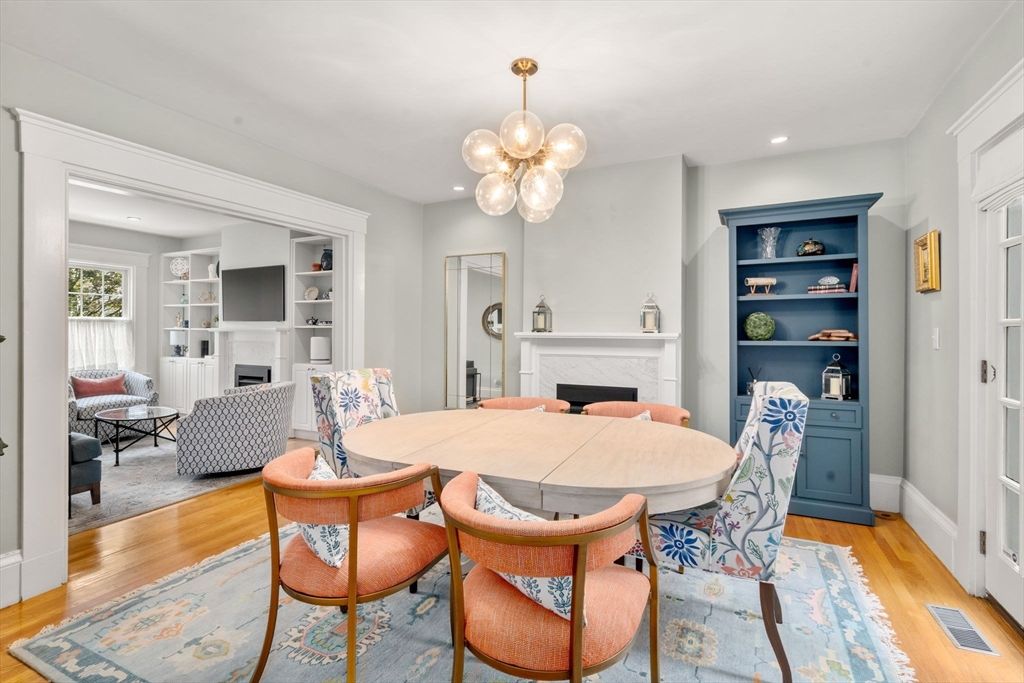 Dining room, Fireplace, Interior, Living room, Pendant Lights, Recessed Lighting, Wood Texture Flooring