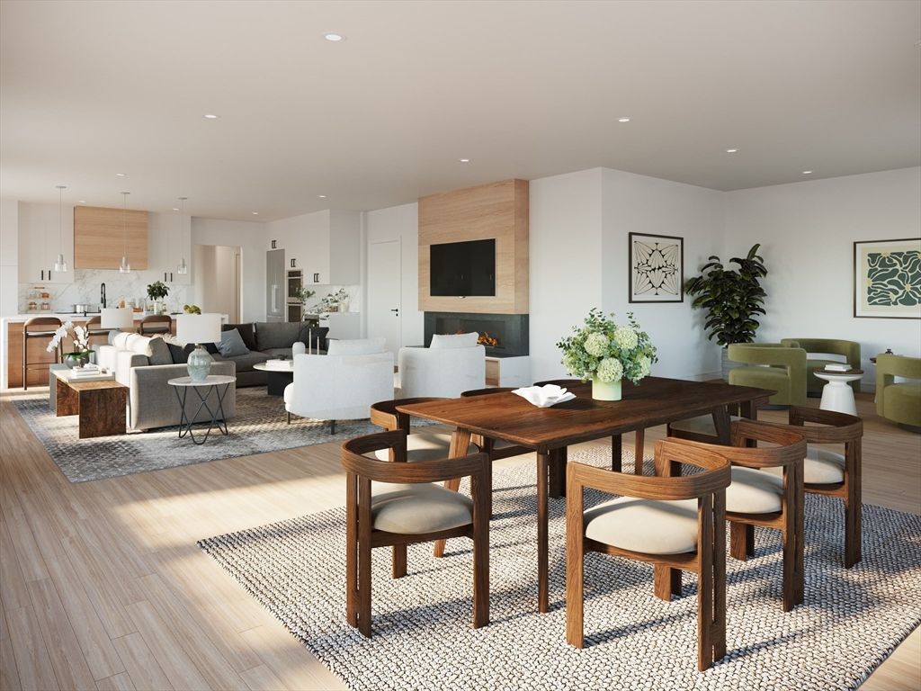 Dining room, Fireplace, Interior, Living room, Pendant Lights, Recessed Lighting, Wood Texture Flooring