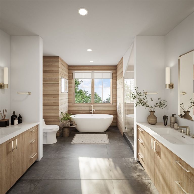 Bathroom, Dual Sink Vanities, Free Standing Baths, Interior, Recessed Lighting, Wooden Walls