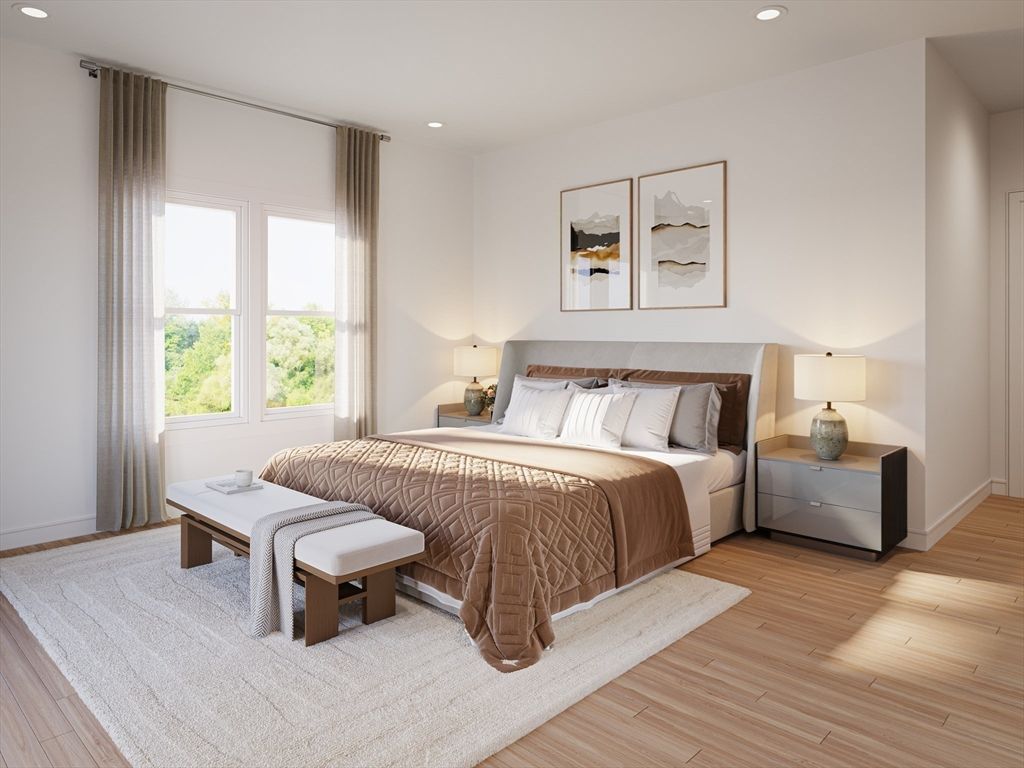 Bedroom, Interior, Recessed Lighting, Wood Texture Flooring