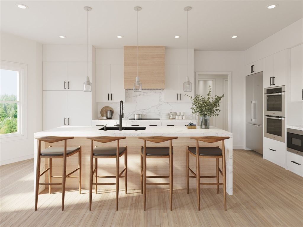 Interior, Kitchen, Pendant Lights, Recessed Lighting, Stainless Steel Appliances, Wood Texture Flooring