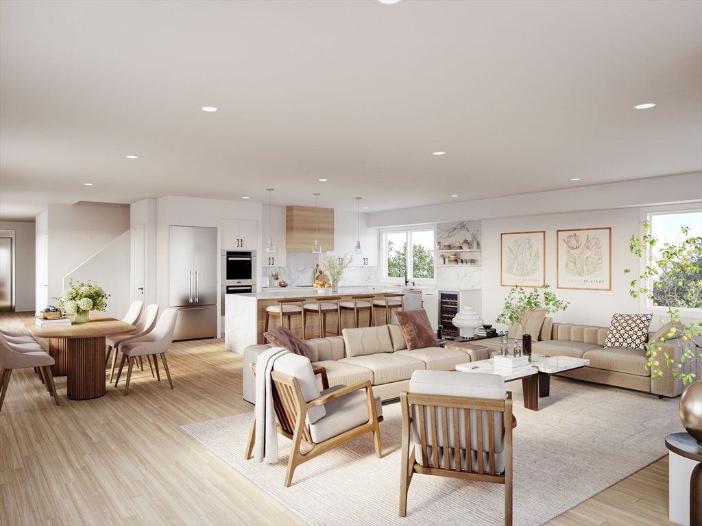 Dining room, Interior, Kitchen, Living room, Pendant Lights, Recessed Lighting, Stainless Steel Appliances, Wood Texture Flooring