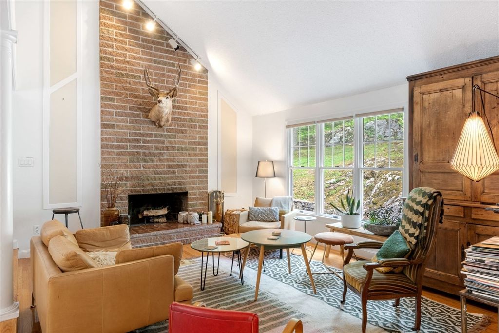 Fireplace, Interior, Living room, Stone Walls, Wood Texture Flooring