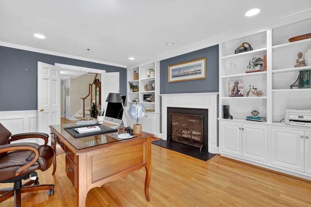 Fireplace, Home Office, Interior, Recessed Lighting, Wood Texture Flooring