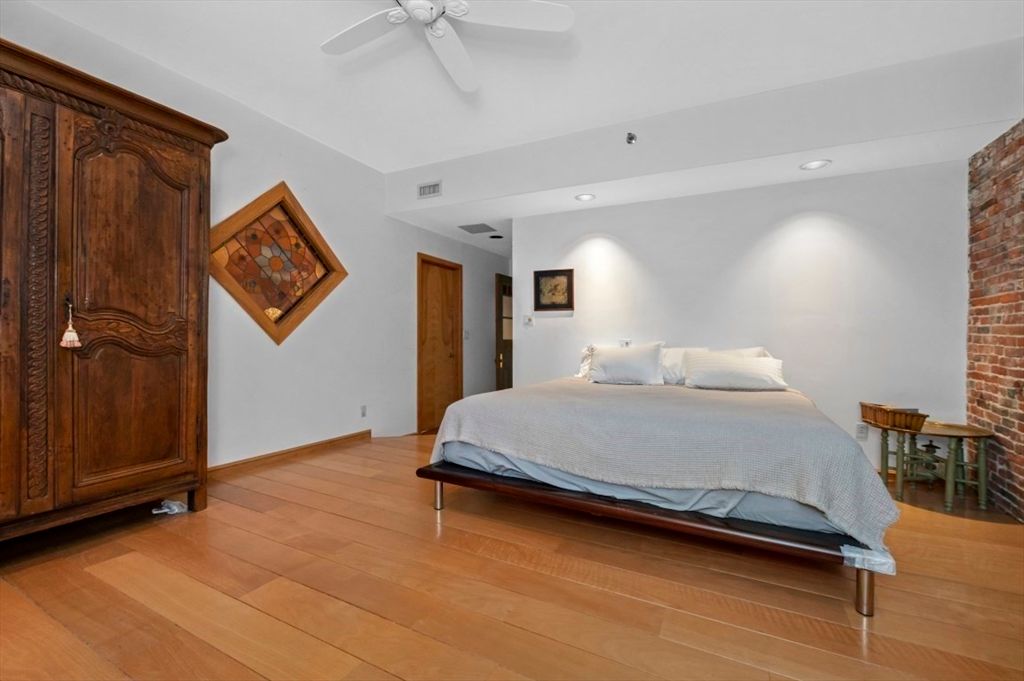 Bedroom, Interior, Recessed Lighting, Stone Walls, Wood Texture Flooring