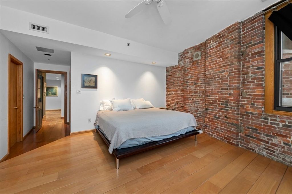 Bedroom, Interior, Recessed Lighting, Stone Walls, Wood Texture Flooring